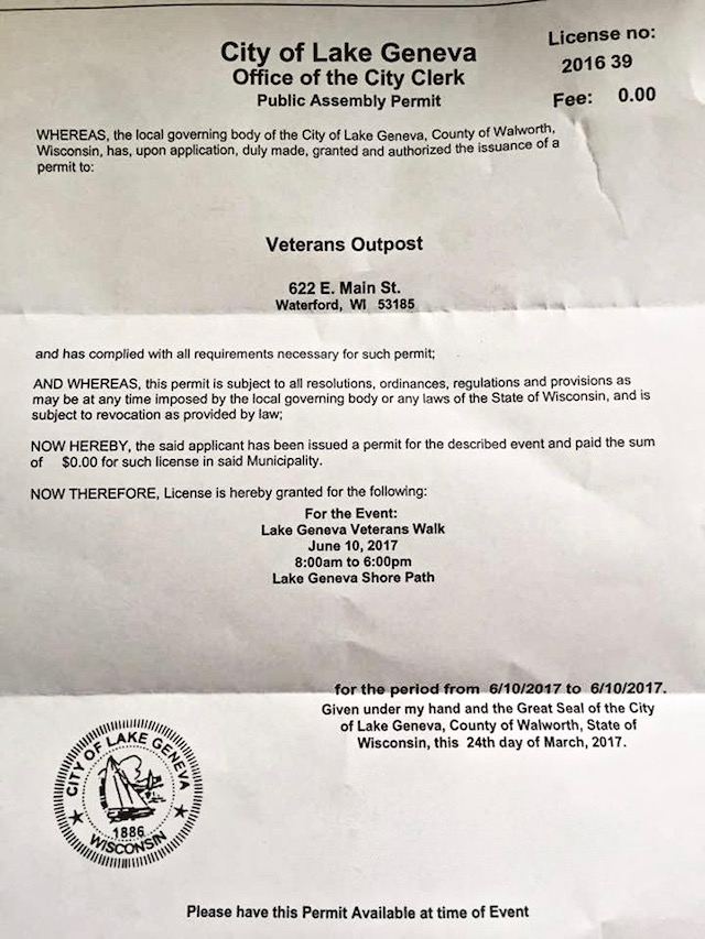 Permit for Veterans Day Geneva Lake Shore Path walk